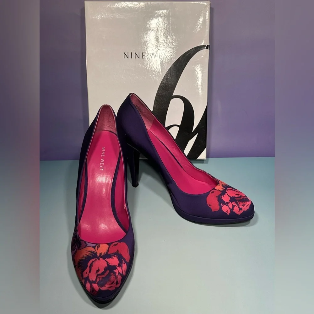 NINE WEST Rocha Floral Purple/Pink 3.75" High Heels Platform Pumps - Picture 2 of 8